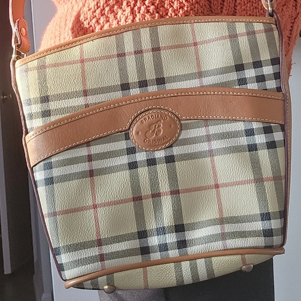 Beige Plaid Crossbody Bag – Braciano Leather Trim British-Inspired Preppy Style - Picture 4 of 13